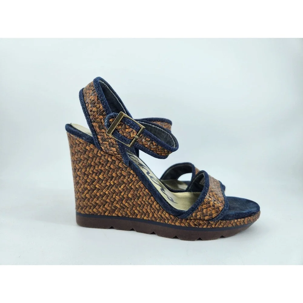 Skechers Wedge Sandals Women 9‎ Blue Denim Brown Woven Platform 38268